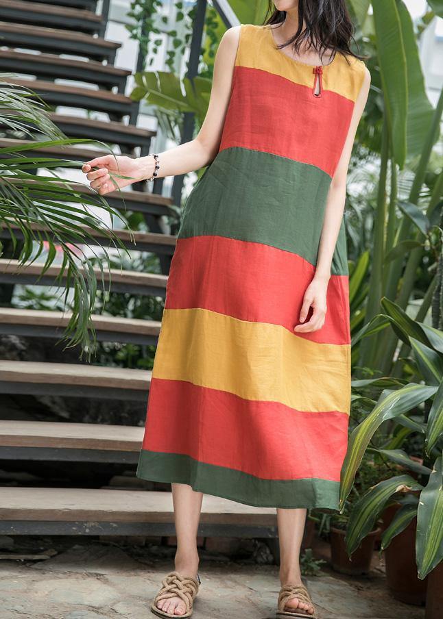 Art o neck Sleeveless linen clothes For Women Inspiration red striped Dress summer - bagstylebliss