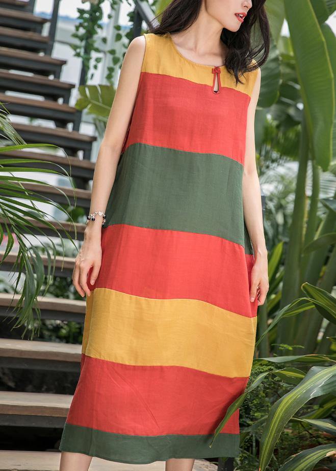 Art o neck Sleeveless linen clothes For Women Inspiration red striped Dress summer - bagstylebliss