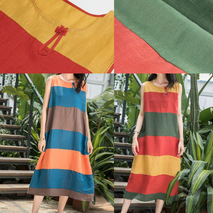 Art o neck Sleeveless linen clothes For Women Inspiration red striped Dress summer - bagstylebliss