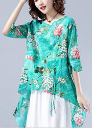 Art o neck asymmetric tunic pattern green Plant printing Dresses blouses - bagstylebliss