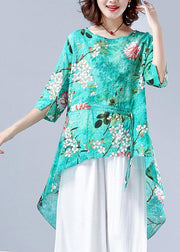 Art o neck asymmetric tunic pattern green Plant printing Dresses blouses - bagstylebliss