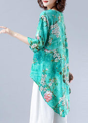 Art o neck asymmetric tunic pattern green Plant printing Dresses blouses - bagstylebliss