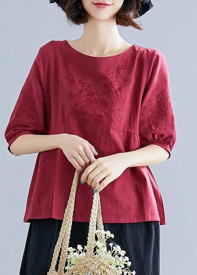 Art o neck embroidery cotton Blouse Sewing burgundy shirt summer - bagstylebliss