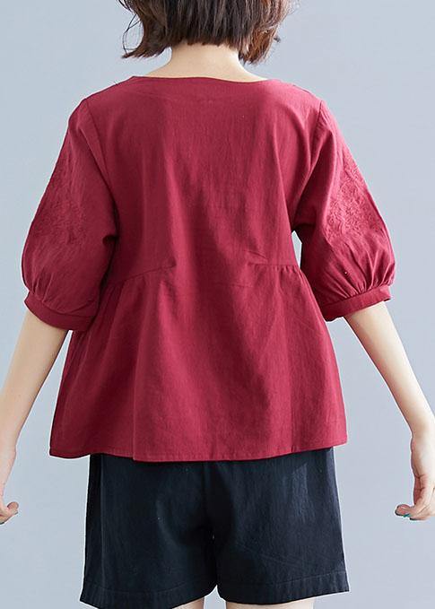 Art o neck embroidery cotton Blouse Sewing burgundy shirt summer - bagstylebliss