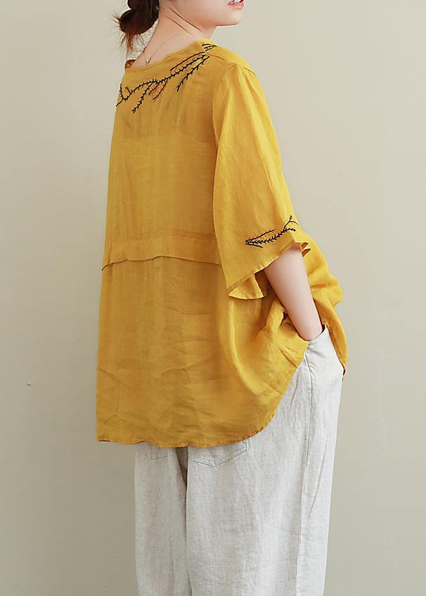 Art o neck linen Blouse Wardrobes yellow embroidery tops - bagstylebliss