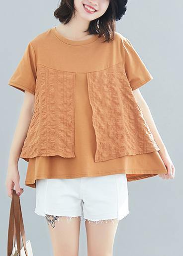 Art o neck patchwork cotton tops women blouses Korea Work Outfits khaki box blouses Summer - bagstylebliss