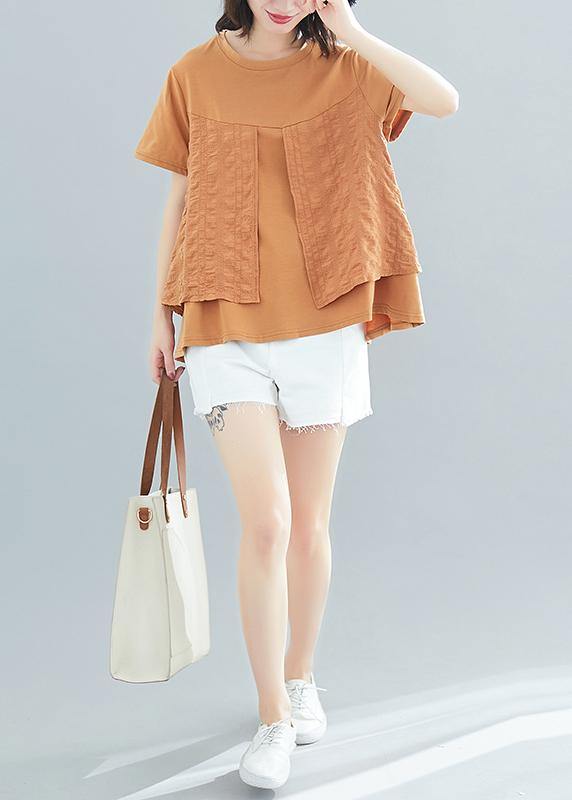 Art o neck patchwork cotton tops women blouses Korea Work Outfits khaki box blouses Summer - bagstylebliss