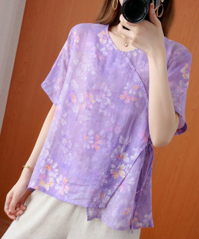 Art o neck tie waist Blouse Wardrobes purple print shirt - bagstylebliss