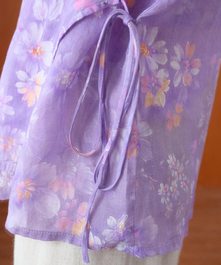 Art o neck tie waist Blouse Wardrobes purple print shirt - bagstylebliss