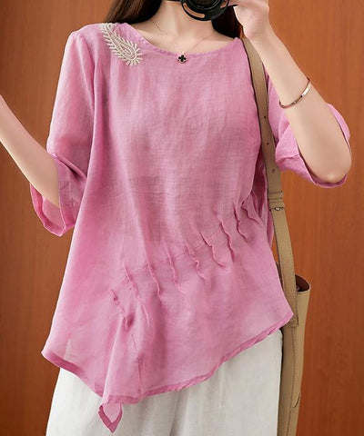 Art pink embroidery Blouse o neck Cinched silhouette blouse - bagstylebliss
