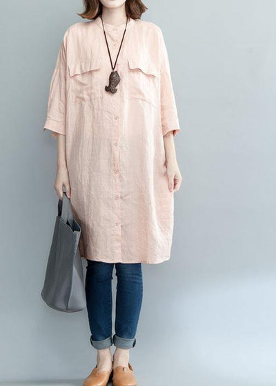 Art pink linen dresses stand collar baggy summer shirt Dress - bagstylebliss