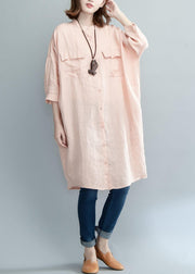 Art pink linen dresses stand collar baggy summer shirt Dress - bagstylebliss