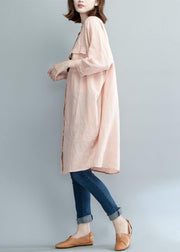 Art pink linen dresses stand collar baggy summer shirt Dress - bagstylebliss