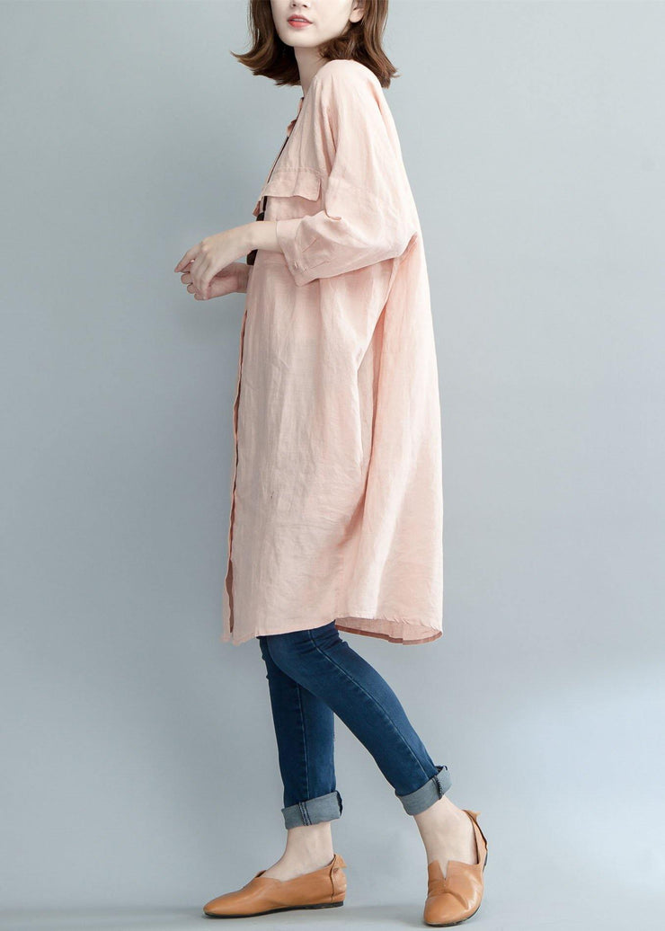 Art pink linen dresses stand collar baggy summer shirt Dress - bagstylebliss