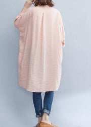 Art pink linen dresses stand collar baggy summer shirt Dress - bagstylebliss