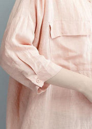 Art pink linen dresses stand collar baggy summer shirt Dress - bagstylebliss