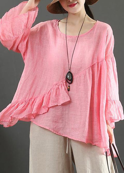Art pink linen tops o neck Ruffles silhouette summer blouses - bagstylebliss