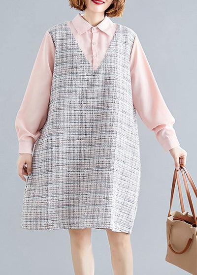 Art pink patchwork Plaid linen clothes For Women long sleeve false two pieces shift fall Dress - bagstylebliss