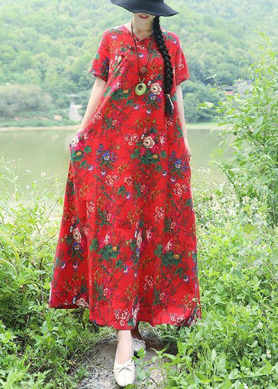 Art prints linen dress plus size Inspiration red Robe Dress summer - bagstylebliss