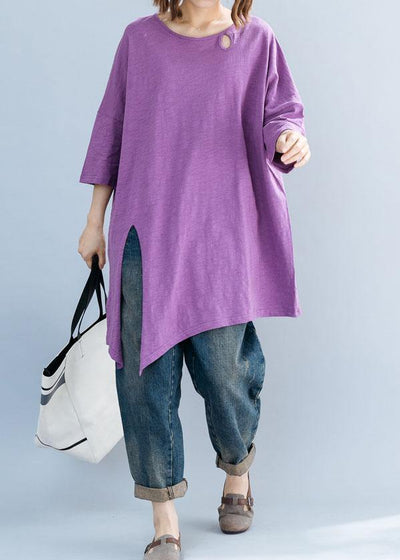 Art purple o neck cotton box top asymmetric hem Plus Size Clothing summer top - bagstylebliss