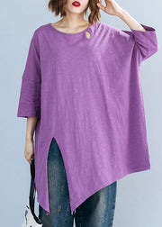 Art purple o neck cotton box top asymmetric hem Plus Size Clothing summer top - bagstylebliss