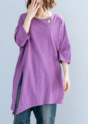 Art purple o neck cotton box top asymmetric hem Plus Size Clothing summer top - bagstylebliss