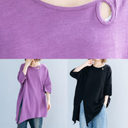 Art purple o neck cotton box top asymmetric hem Plus Size Clothing summer top - bagstylebliss