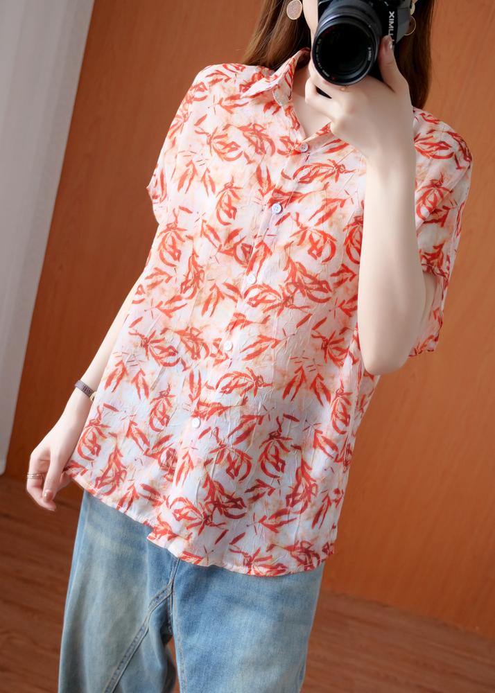 Art red Plant printing Blouse lapel silhouette summer shirts - bagstylebliss