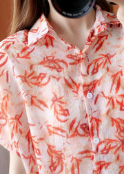 Art red Plant printing Blouse lapel silhouette summer shirts - bagstylebliss