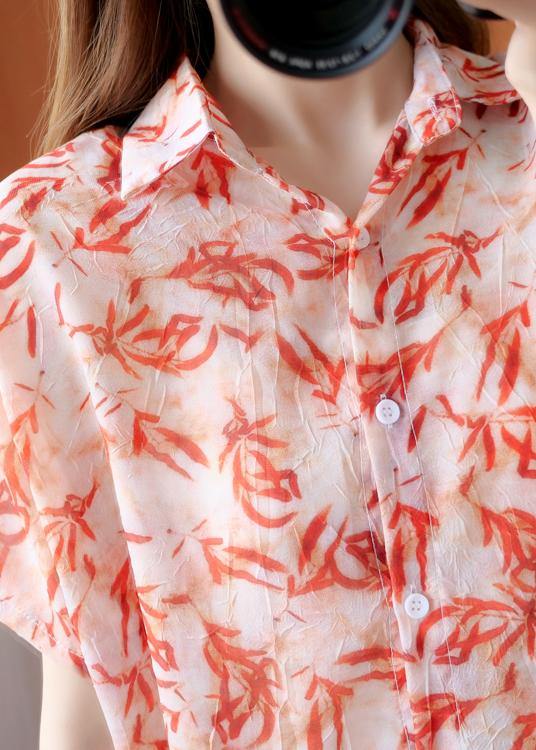 Art red Plant printing Blouse lapel silhouette summer shirts - bagstylebliss