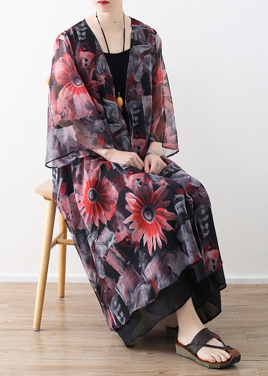 Art red printed chiffon coat Robe summer Dresses cardigan