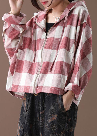 Art red white plaid Fine clothes Shape hooded coat - bagstylebliss