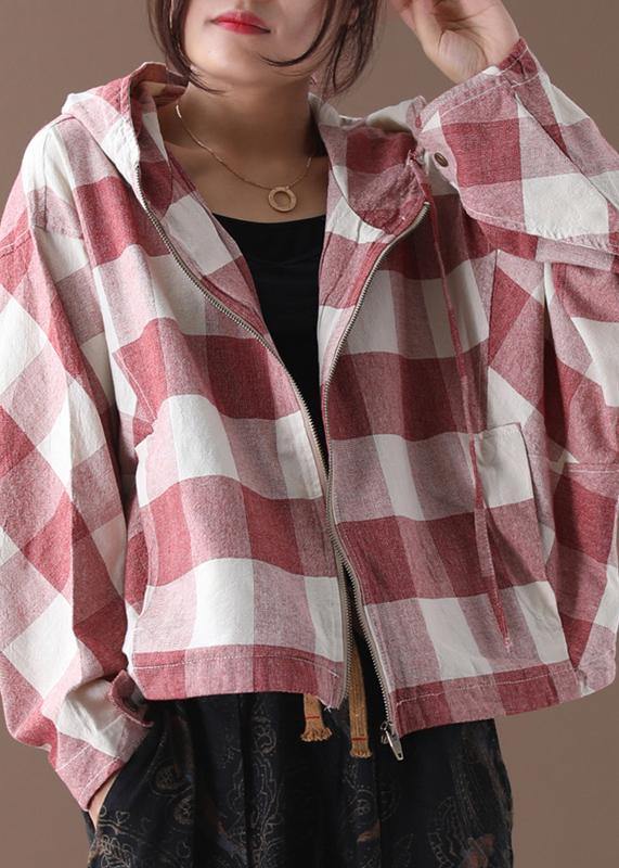 Art red white plaid Fine clothes Shape hooded coat - bagstylebliss