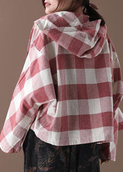 Art red white plaid Fine clothes Shape hooded coat - bagstylebliss