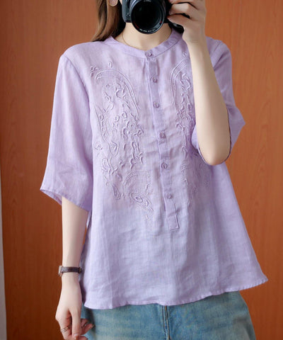 Art stand collar embroidery shirts Tunic Tops purple blouse - bagstylebliss