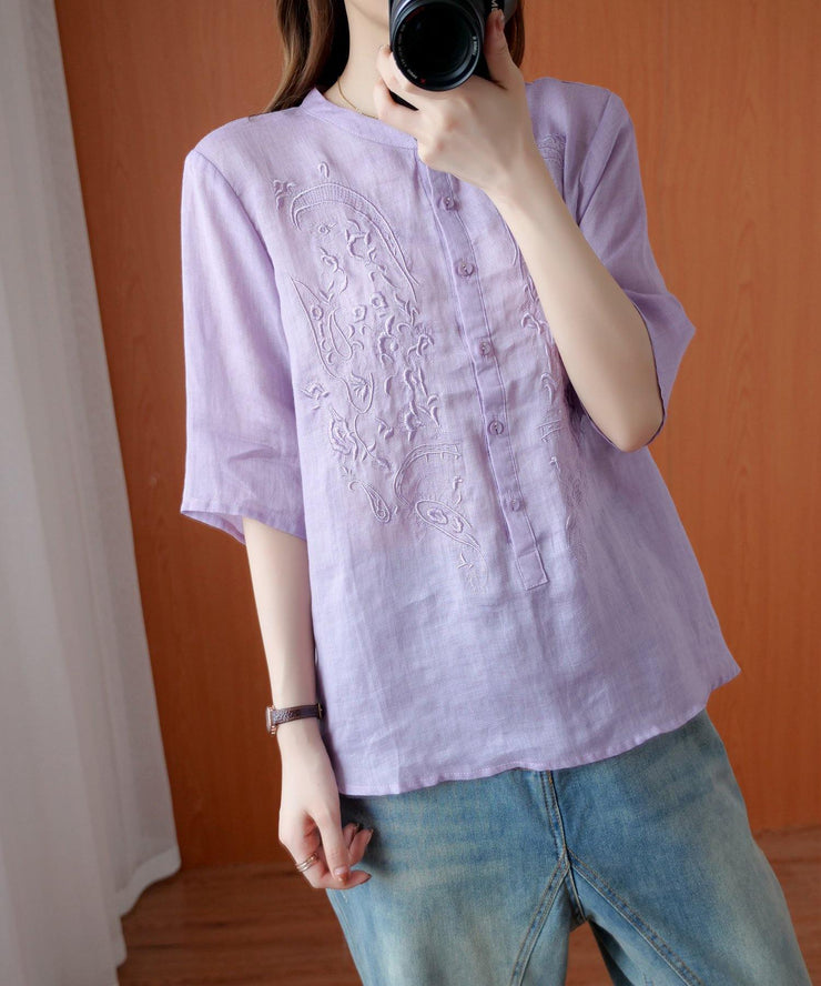 Art stand collar embroidery shirts Tunic Tops purple blouse - bagstylebliss