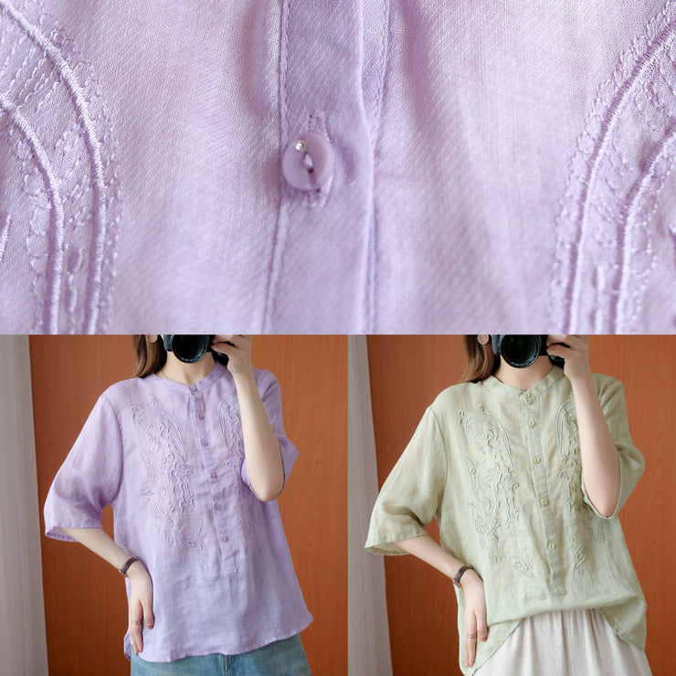 Art stand collar embroidery shirts Tunic Tops purple blouse - bagstylebliss