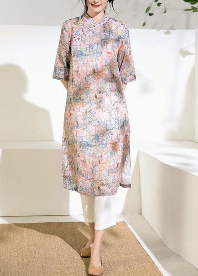 Art stand collar half sleeve linen clothes For Women Work pink print Dress - bagstylebliss
