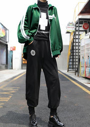 Art stand collar zippered Fine clothes green striped short outwear - bagstylebliss