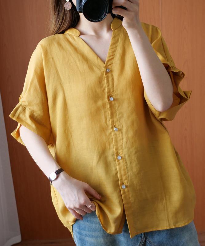 Art v neck Batwing Sleeve summer clothes design yellow blouse - bagstylebliss