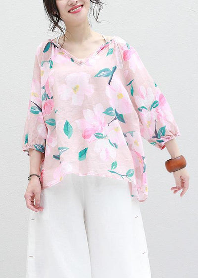 Art v neck linen box top Shirts pink prints blouses summer - bagstylebliss