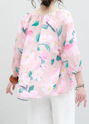 Art v neck linen box top Shirts pink prints blouses summer - bagstylebliss