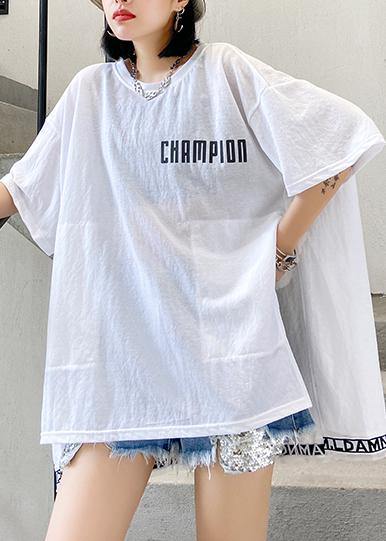 Art white Letter cotton crane tops o neck side open loose shirt - bagstylebliss