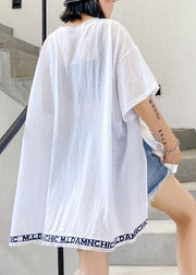 Art white Letter cotton crane tops o neck side open loose shirt - bagstylebliss