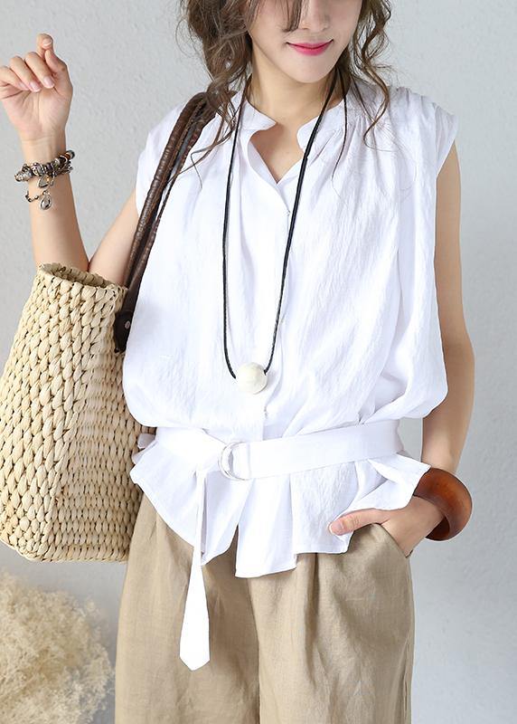 Art white cotton Shirts stand collar sleeveless Dresses summer shirts - bagstylebliss