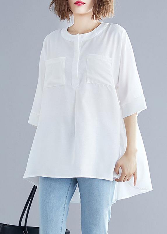 Art White Cotton Top Silhouette Low High Design Midi Summer Half Sleeve Shirt - bagstylebliss