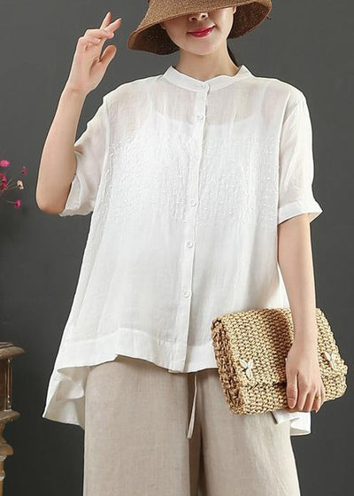 Art white embroidery linen top for women stand collar Midi summer top - bagstylebliss