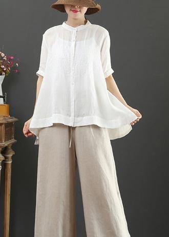 Art white embroidery linen top for women stand collar Midi summer top - bagstylebliss