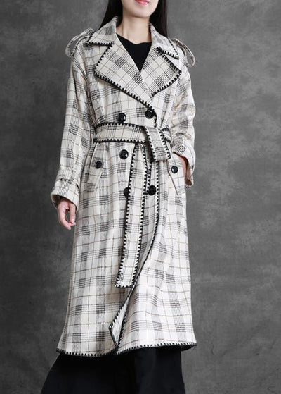 Art white plaid fine trench coat Gifts Notched back side open outwears - bagstylebliss