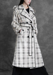 Art white plaid fine trench coat Gifts Notched back side open outwears - bagstylebliss